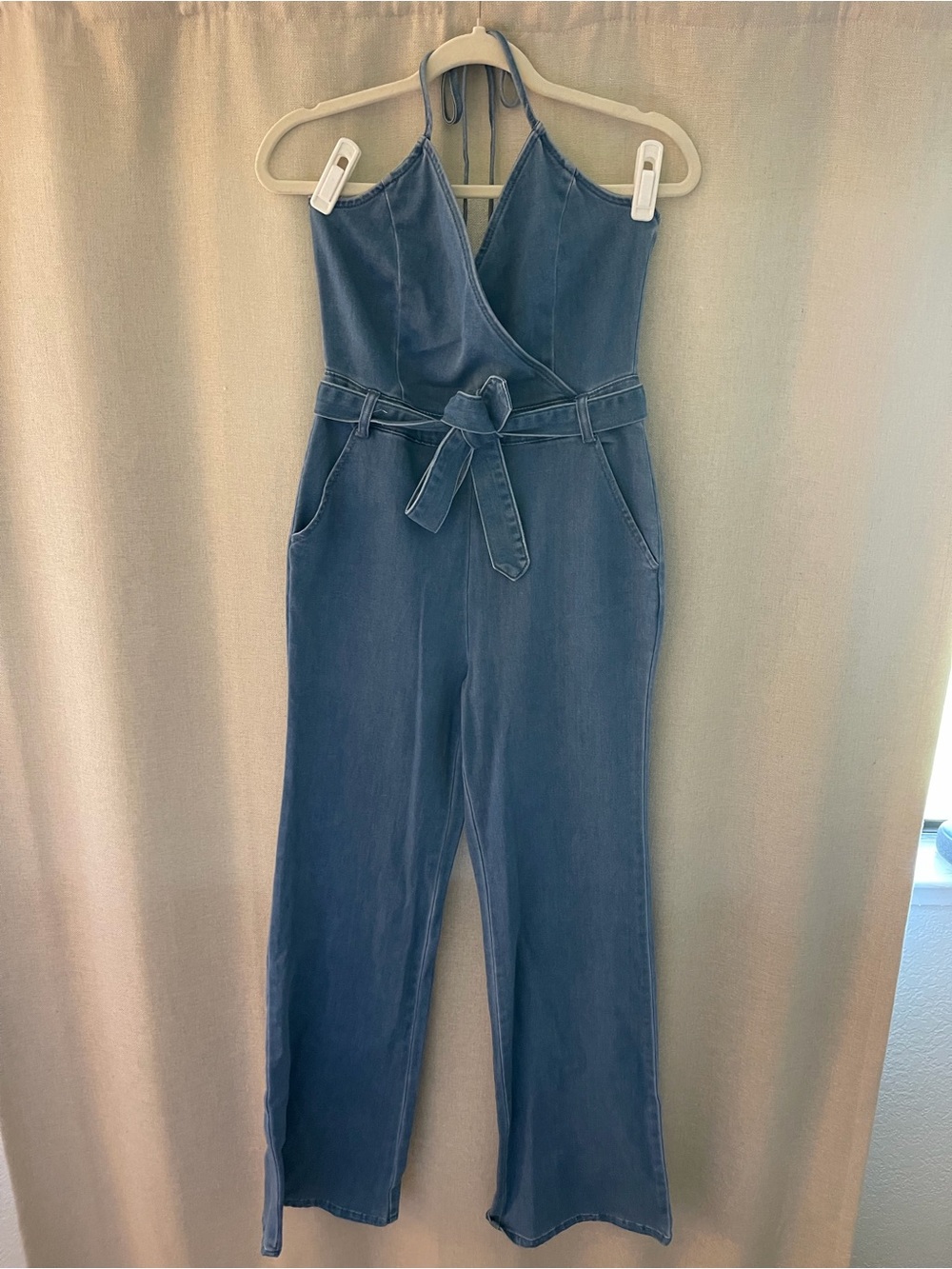 Blue Blush Denim Halter Jumpsuit with Tie Waist - Blue